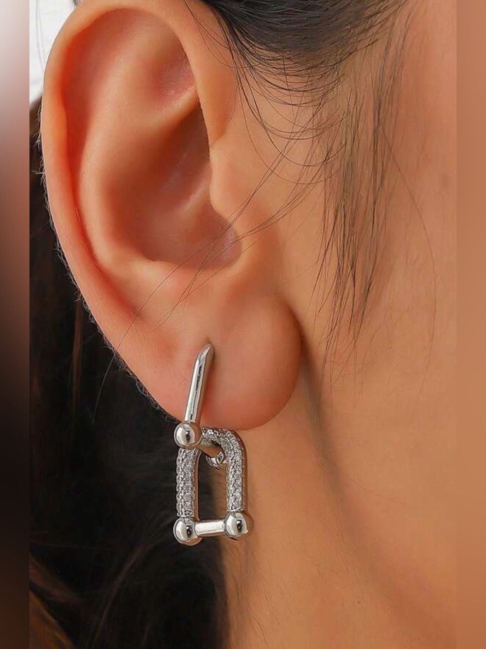 Western Horseshoe Style Silver Pavé Drop Earrings - Silver